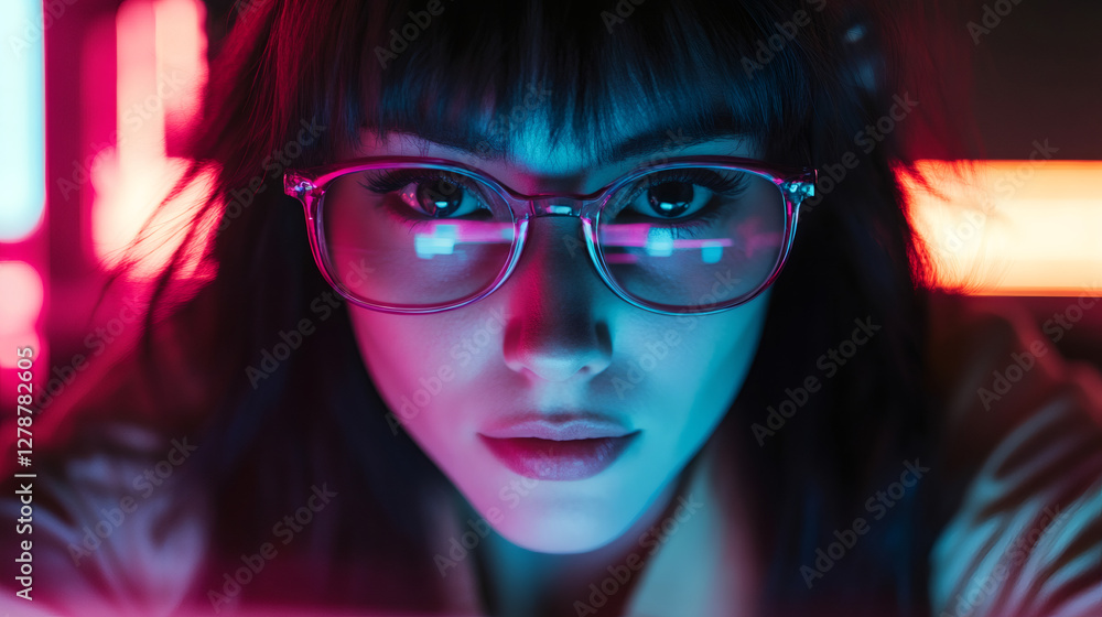 Aufkleber Close-up portrait of a programmer wearing augmented reality glasses reflecting neon lights, showcasing futuristic technology and innovation