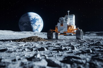 Advanced Technology Rover Collecting Soil Samples on the Moon Surface