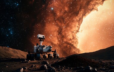 Robotic Rover Conducting Soil Tests on an Extraterrestrial Landscape