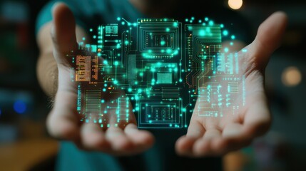 Obraz premium A person extends their hands to reveal a holographic projection of a futuristic microchip circuit board, highlighting the cutting-edge advancements in future technologies.