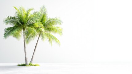 Fototapeta premium Two green tropical palm trees standing against a minimalist white background in bright studio lighting.