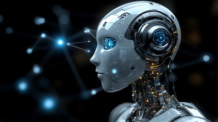 Fototapeta premium Futuristic humanoid robot with advanced optical sensor and glowing data networks