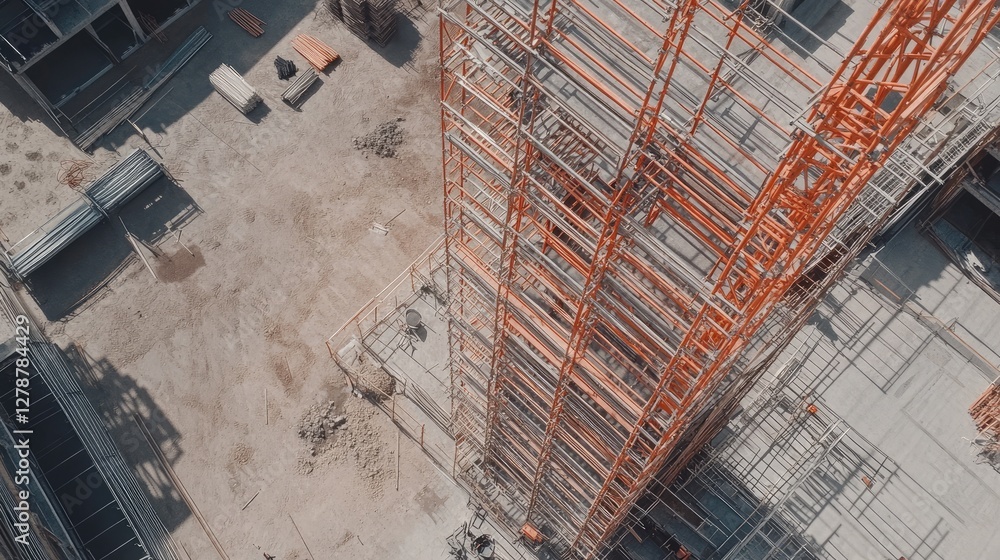 Poster aerial view of a partially assembled scaffolding system on an unfinished concrete floor.