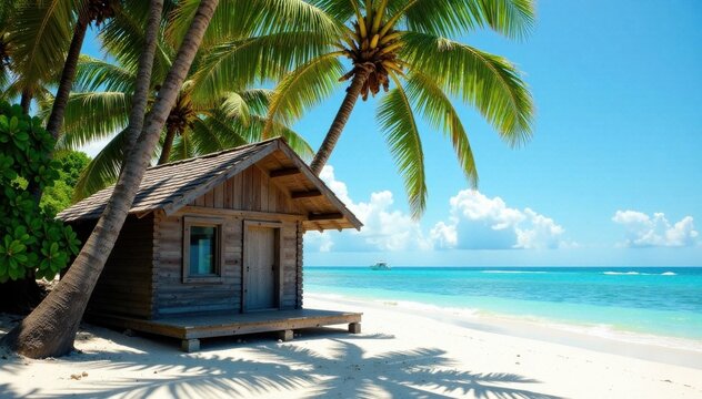 Abandoned wooden beach hut surrounded by swaying palm trees on a deserted tropical beach, weathered, vines