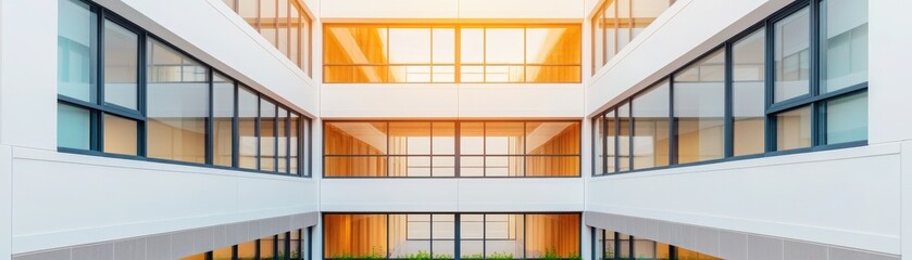 Modern architectural design featuring a bright interior with large windows that illuminate the space.