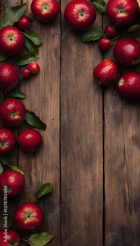 Poster fresh shiny red apples displayed on a rustic wooden surface