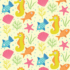 Under the sea seamless pattern featuring colorful fish, seahorse, seashells, starfish, seaweeds, and corals. For summer print, wallpaper and fabric