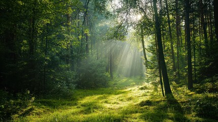 Obraz premium A peaceful green forest background with sunbeams filtering through the trees