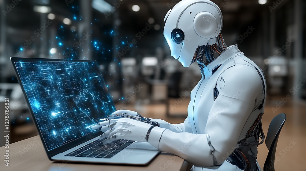 Poster artificial intelligence robot using a laptop with glowing blue interface for data processing