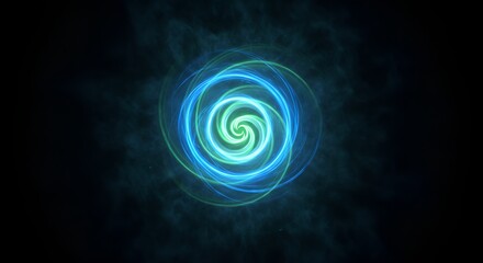 Obraz premium A glowing spiral of soft blue and green light, spinning gently with a magical, otherworldly feel, surrounded by a faint mist