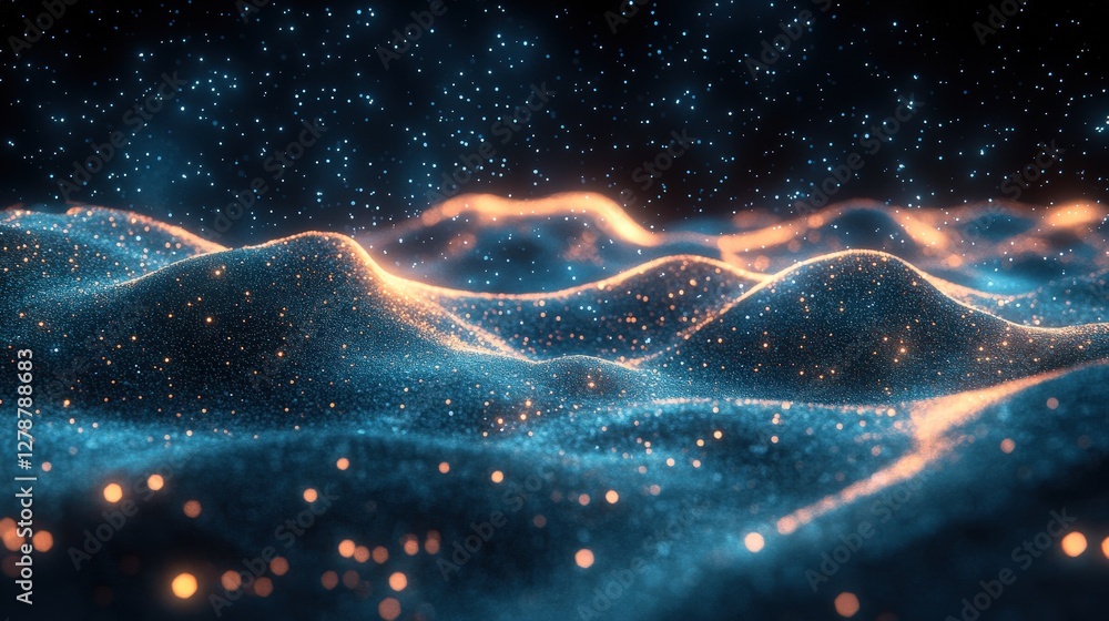 Poster abstract representation of glowing waves with sparkling particles in a dark cosmic background