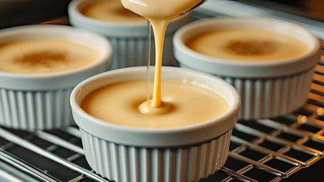 Creamy dessert mixture poured into ramekins on baking rack, showcasing sweet and rich textures for delightful food lovers.