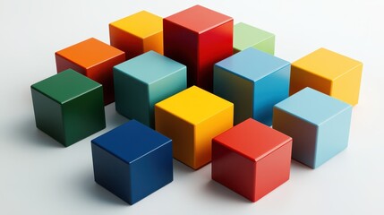 Obraz premium A set of colorful cubes rendered in 3D, showcasing a variety of vibrant hues and geometric precision.