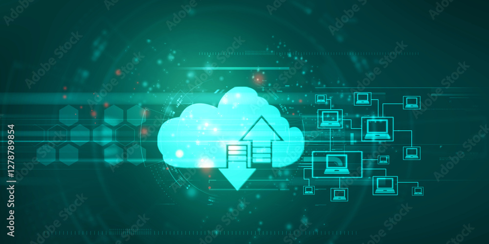 Poster 2d illustration uploading downloading arrow with cloud