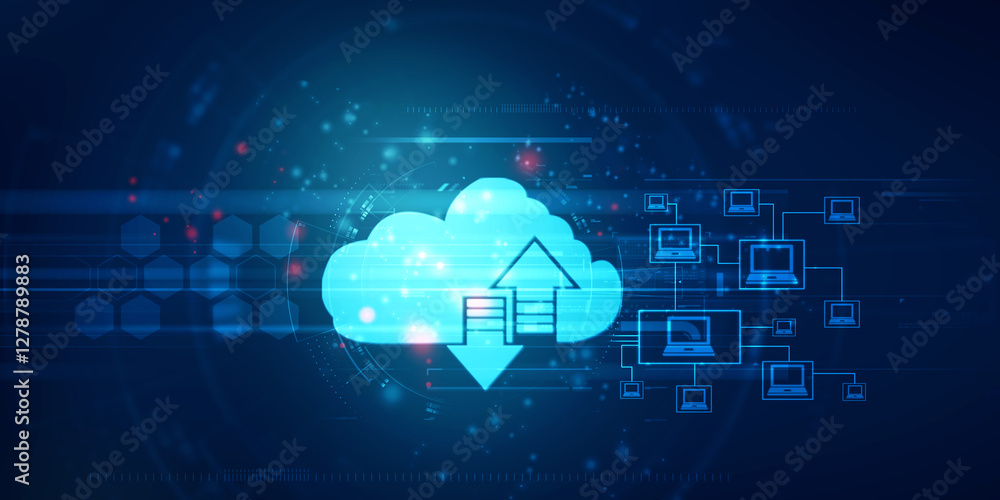 Poster 2d illustration uploading downloading arrow with cloud
