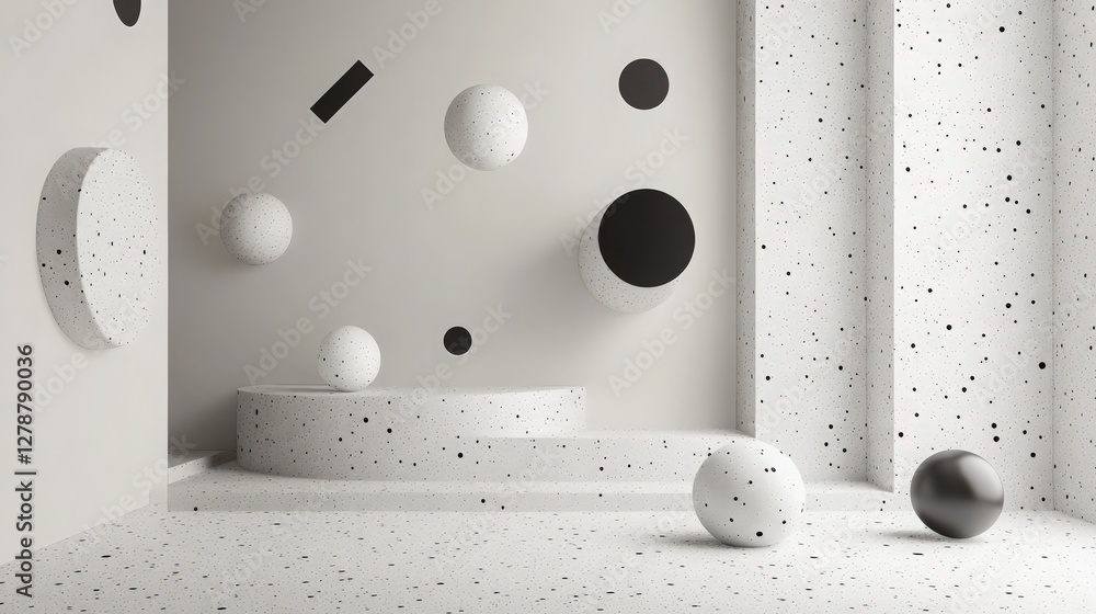 Poster minimalist terrazzo display: abstract shapes and textures in a neutral space
