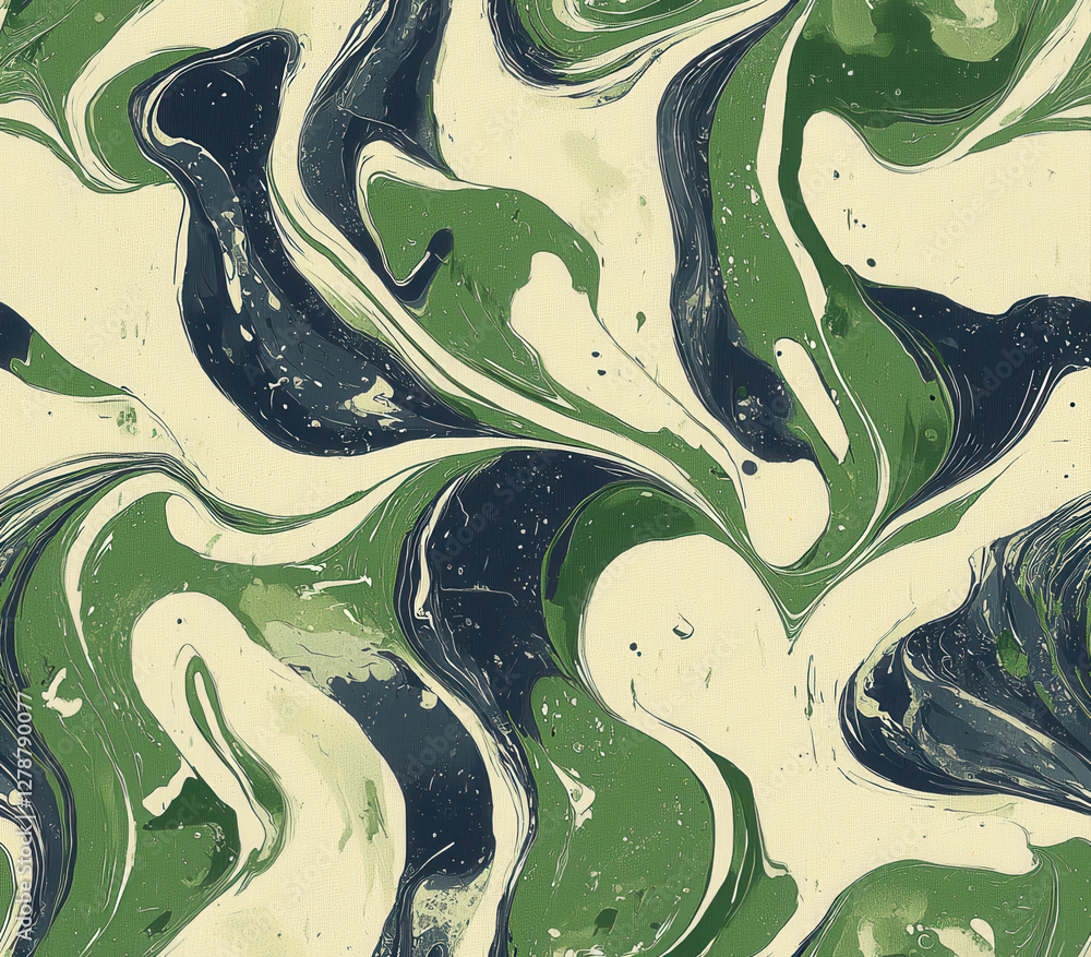 Poster swirling patterns of dark green and navy blue create dynamic abstract design, seamless pattern style