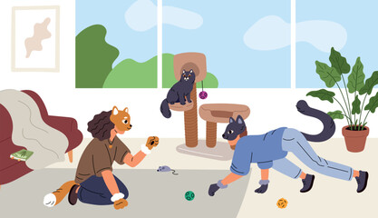 Funny quadroblasts playing in home living room. Pets imitation. Modern teens subculture. Animal cosplay. People with cat masks and tails. Wildlife imitate game. Garish vector concept