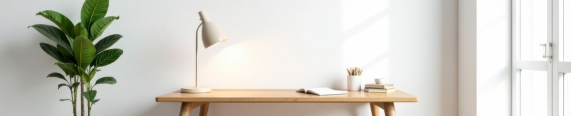 Naklejka premium A minimalist home office setup featuring a small wooden desk, a single desk lamp, and a few scattered books against a plain white wall, workspace, focused work