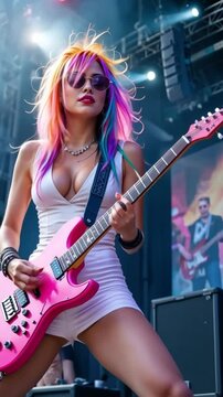 Beautiful rock star woman playing a guitar and singing on stage