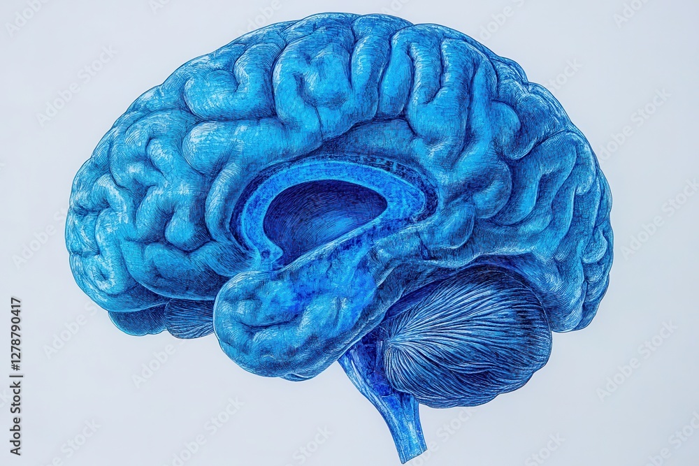 Poster detailed drawing of a human brain with a clean background showcasing intricate structures. generativ