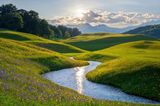 Meadow With Flowing Stream Under Golden Sunset - Powered by Adobe
