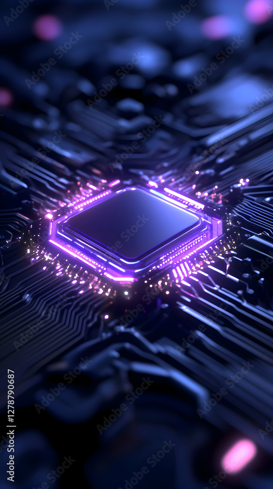 Poster a stunning close-up view of a computer chip surrounded by glowing purple lights, symbolizing advance