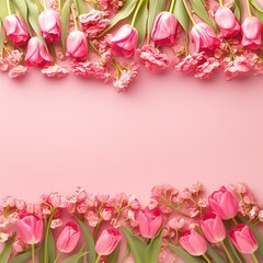 "Beautiful pink tulips arranged elegantly on a soft pastel pink background, top view, perfect for celebrating Happy Women's Day, spring season, floral themes, and feminine concepts. Ideal for greeting