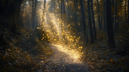 Obraz premium Enchanted Forest Path with Magical Glowing Lights in Twilight
