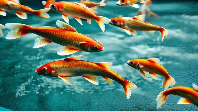 Colorful aquatic fish swimming in clear water, showcasing vibrant orange patterns and creating serene underwater splashes.