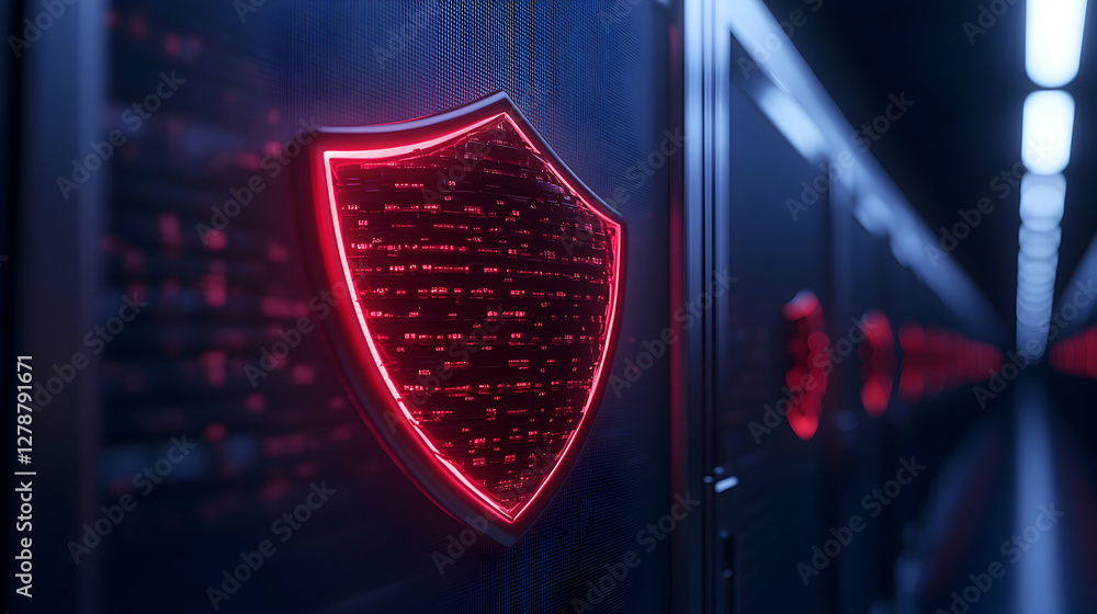 Poster a futuristic data center featuring a glowing shield symbol, representing cybersecurity and protectio