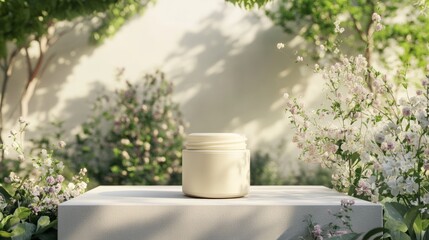 podium natural plant cosmetic mockup wellness products display. Serene Garden Setting with Cream Cosmetic Jar.