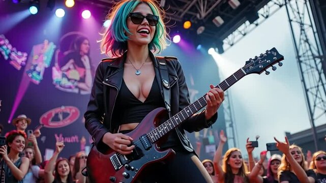 Beautiful rock star woman playing a guitar and singing on stage