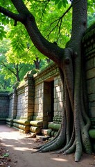 Naklejka premium Ancient trees and twisted roots on a weathered stone wall, outdoor landscapes, thai nature