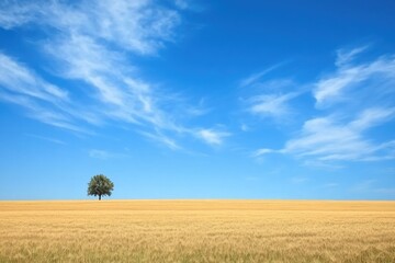Obraz premium Lone tree stands in golden field under expansive blue sky, evoki
