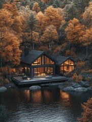 Fototapeta premium House on Lake with Forest