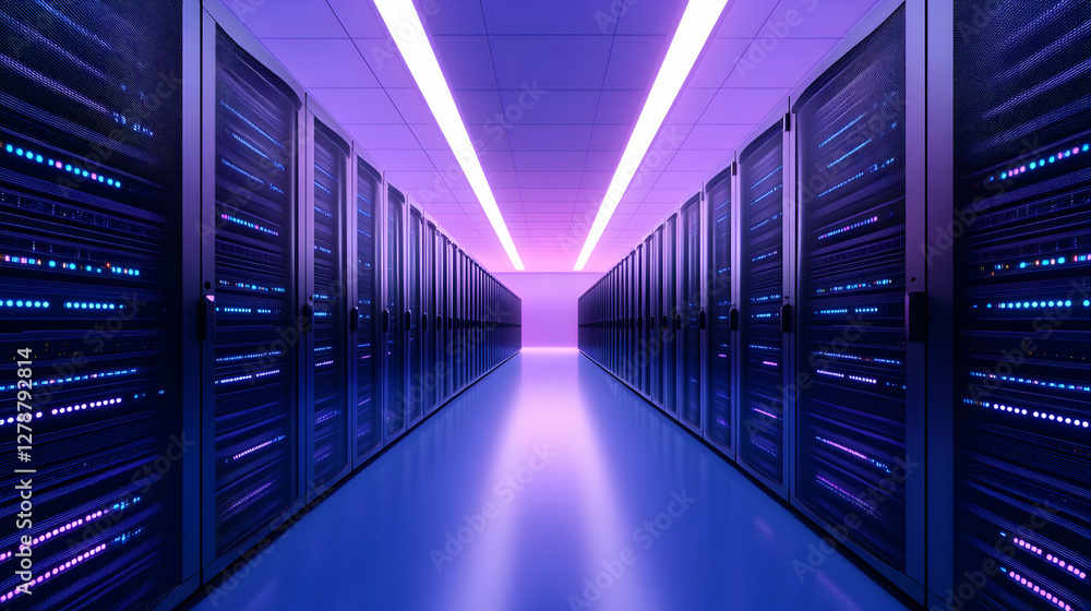 Poster a high-tech server room featuring rows of servers illuminated by vibrant purple lighting, showcasing