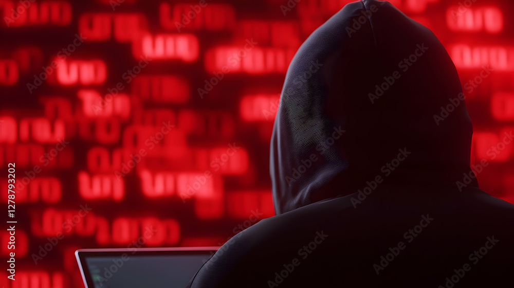 Poster a mysterious figure in a hoodie works on a laptop, surrounded by a backdrop of red digital code, sym