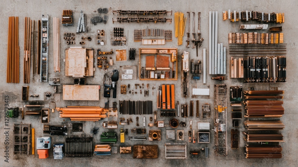 Aufkleber flat lay of an assortment of scaffolding braces and structural supports on concrete.