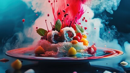 Gourmet dessert plate featuring panna cotta garnished with vibrant fruit and creative smoke effects in a modern dining setting