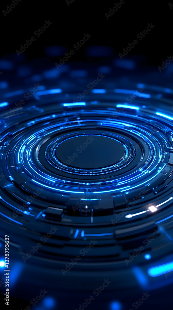 Poster a mesmerizing abstract design featuring intricate blue circular patterns on a dark background, embod