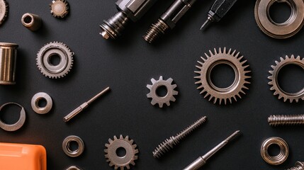 Flat lay of an engineering workspace featuring gears, nuts, and washers on a dark surface.