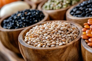 Obraz premium This beautifully arranged image features sesame and various other seeds nestled in elegant wooden bowls, showcasing the beauty of natural ingredients in a culinary landscape.