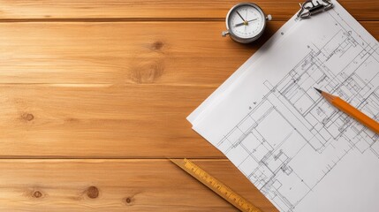 Flat lay of architectural materials, including a steel ruler, a compass, and technical drafting paper on a wooden background.