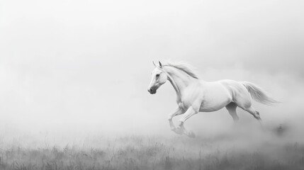 White horse walking in a misty field during early morning light