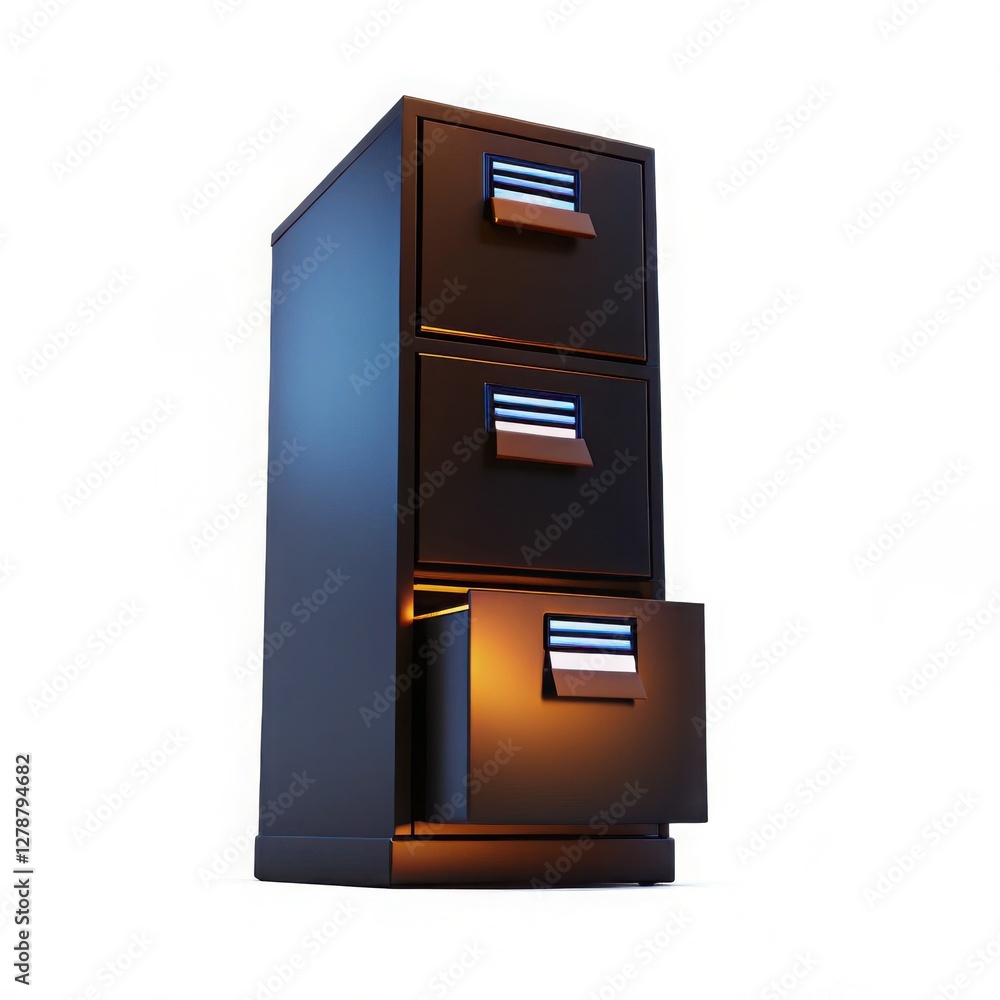 Poster black filing cabinet with three drawers open in a modern office setting.