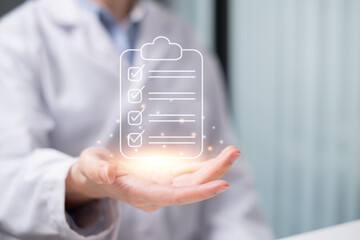 Professional doctor holding checklist clipboard document health care medicals medicine report concept