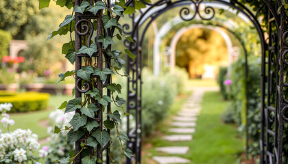 Metal garden trellis with intricate scrollwork, ivy slowly climbing up