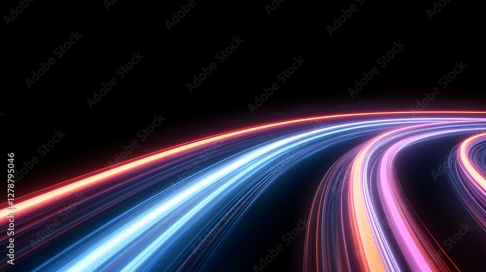 Poster a vibrant display of colorful light trails on a dark background, symbolizing motion and speed. ideal