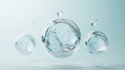A set of water bubbles is rendered in three dimensions, showcasing their transparent, spherical forms with realistic light reflections.